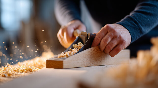 Close-up of hands using a wood planer to shave thin curls from a wooden plank in a woodworking workshop