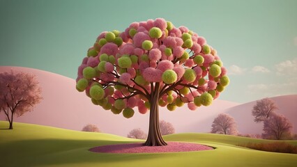 Colorful tree in a cheerful landscape decorated for Christmas, with green and pink pom-poms, under a bright sky during the festive season Generative AI