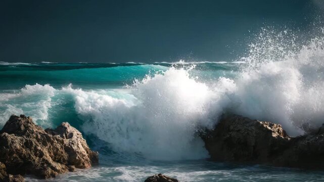 Powerful ocean wave crashing on rocks