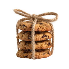 Stack of delicious homemade chocolate chip cookies tied with rustic twine, a sweet and classic baked treat, isolated on transparent background