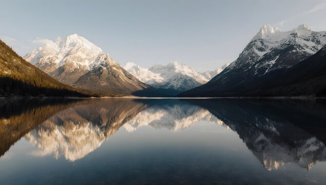 Snow-covered mountains reflect perfectly on a calm lake at sunrise.
