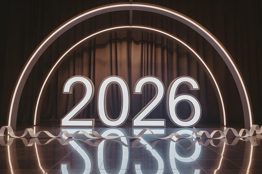 Glowing 2026 sign on a reflective stage with concentric neon arches for a new year celebration.