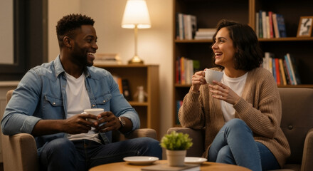 Happy multiracial couple talking and drinking coffee at home in the evening. Young friends enjoying a friendly conversation in a cozy living room