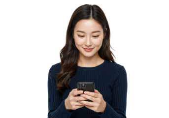 Young caucasian woman in a navy sweater intently smiling at her black smartphone, soft lighting on a transparent background, ample copy space. Concept of modern mobile usage and contentment