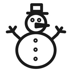 Outline vector icon of snowman with hat, scarf, and carrot nose.