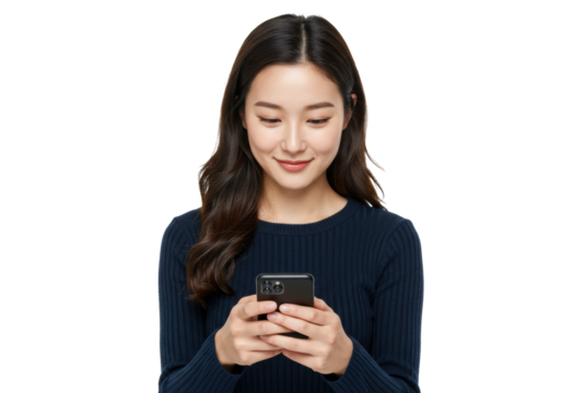 Young caucasian woman in a navy sweater intently smiling at her black smartphone, soft lighting on a transparent background, ample copy space. Concept of modern mobile usage and contentment - Powered by Adobe