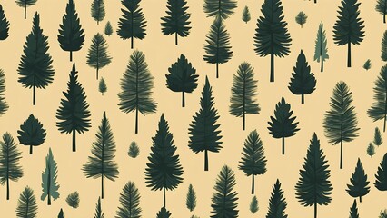 Festive winter forest pattern featuring various pine trees against a soft yellow background for holiday-inspired design Generative AI