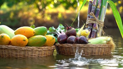 Fresh Vegetables and Fruits in Woven Baskets Floating on Water with Greenery Background - Powered by Adobe