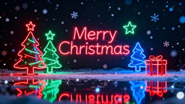 Vibrant neon Merry Christmas scene with glowing trees and gift, perfect for holiday promotions and festive social media campaigns in a modern style