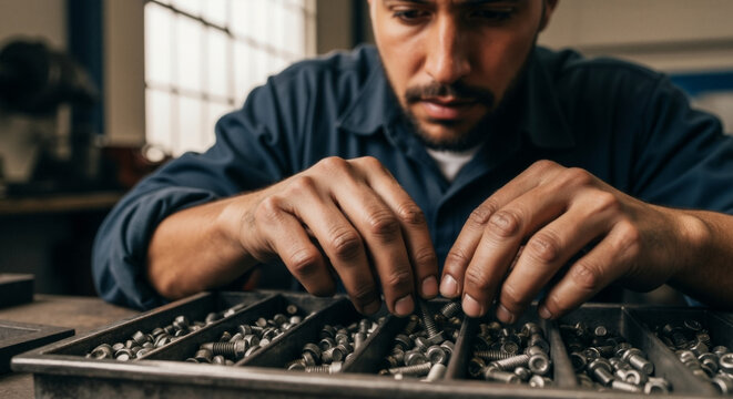 Focused mechanic carefully sorting bolts and screws in a workshop. Close-up of a worker organizing metal hardware parts from a tray