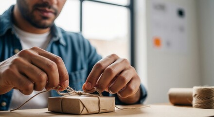 Close up of a man wrapping a gift box with kraft paper and jute twine. Preparing a handmade present for a special occasion or shipping an e-commerce order