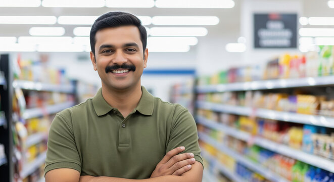 middle age man standing confidently at grocery shop - Powered by Adobe