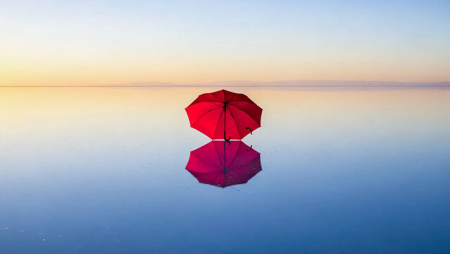 Artistic scene of a red umbrella floating on calm reflective water during sunset.