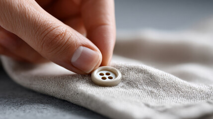 Close-up of hand sewing a white button onto beige fabric with detailed texture and natural lighting in a crafting or tailoring setting