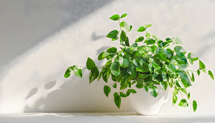 Potted Heartleaf Philodendron Houseplant with Artistic Leaf Shadows on White Wall and Surface