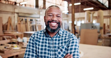 Face, smile and man with arms crossed, carpentry and furniture industry with career ambition. Entrepreneur, person and professional in workplace, artisan wood and timber service with skills and pride