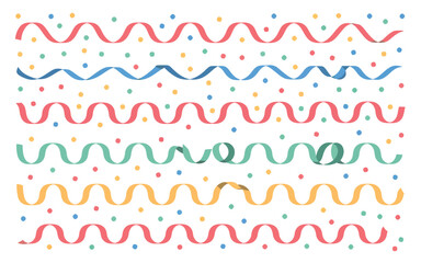 A festive background with colorful ribbons and confetti scattered across a white surface for celebration