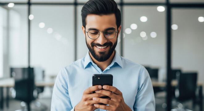 happy corporate man using smartphone