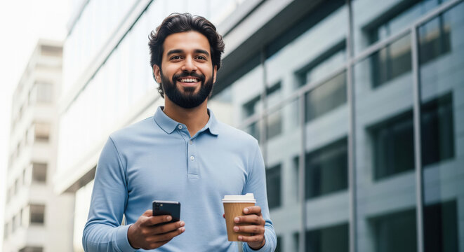 young Indian man in a blue polo shirt stands outside a glass building, holding a takeaway coffee and using his smartphone.