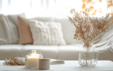 Cozy Bright Living Room Interior with Dried Pampas Grass in Ribbed Glass Vase and Burning Candles on Coffee Table Hygge Style