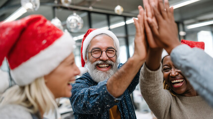 Young diverse creative team high-fiving with Santa hats, defocused Christmas decorations, festive office workshop, holiday success celebration, winter teamwork spirit, seasonal mar