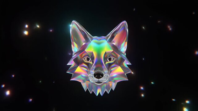 Abstract futuristic illustration of a colorful iridescent crystal fox head with a geometric low poly design on a dark cosmic background