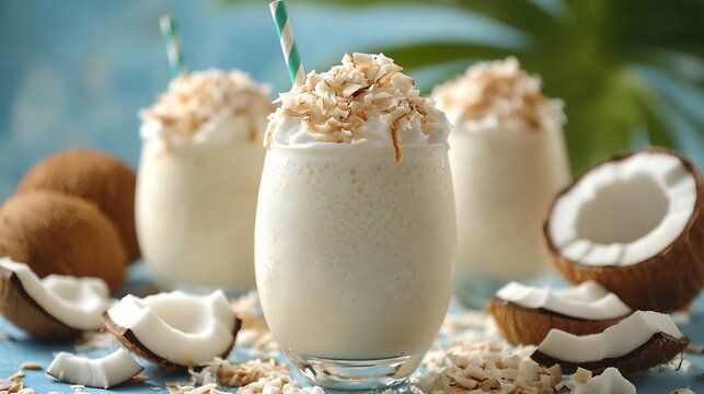 Chilled coconut milkshake topped coconut flakes tropical background cool refreshing tone beach vibe
