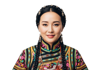 A smiling woman in traditional Tibetan clothing, intricate patterns, colorful textiles, braided hair, serene expression, natural skin tones, high resolution, cinematic lighting, detailed features
