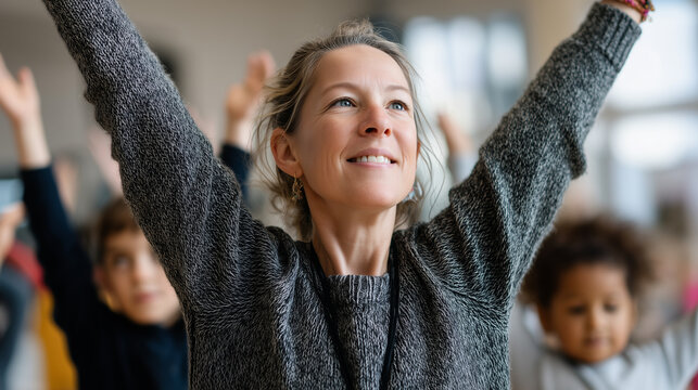 Close-up teacher leading morning warm-up routine with children, stretching arms, positive energy, crisp daylight, 