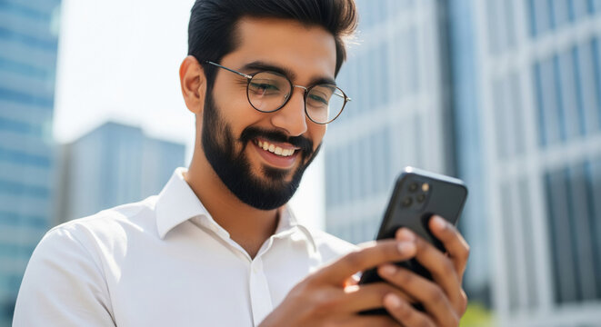 happy corporate man using smartphone