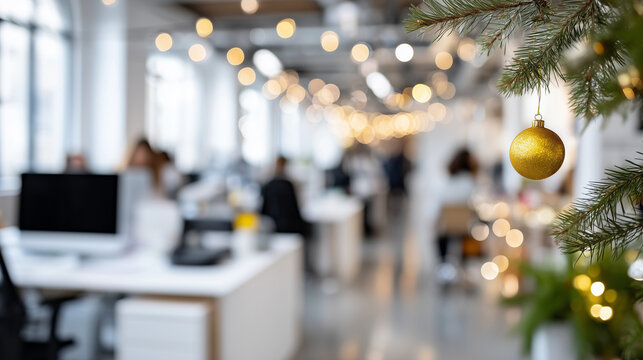 Busy modern office interior with blurred workers and Christmas decorations, defocused festive lights, winter workplace scene, holiday corporate environment, seasonal business activ
