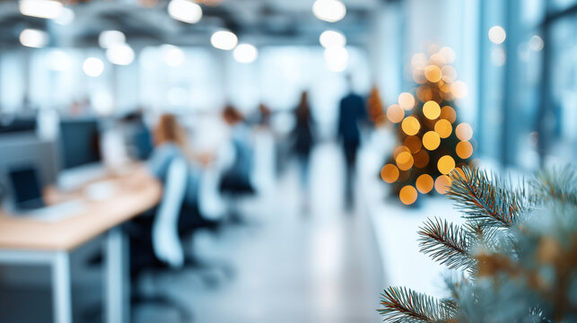 Busy modern office interior with blurred workers and Christmas decorations, defocused festive lights, winter workplace scene, holiday corporate environment, seasonal business activ