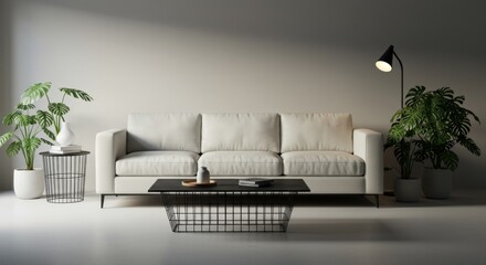 Minimalist Living Room Interior with White Sofa, Modern Furniture