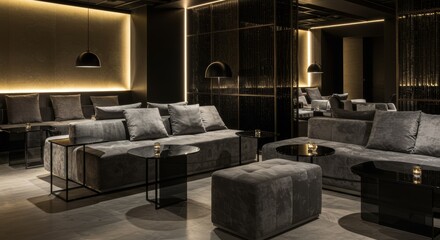 Modern Luxury Lounge with Gray Velvet Sofas and Warm Golden Lighting