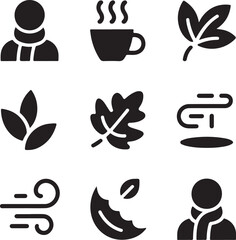Autumn icons, cold weather, warm coffee, blowing wind, scarf clothing, falling leaf, season