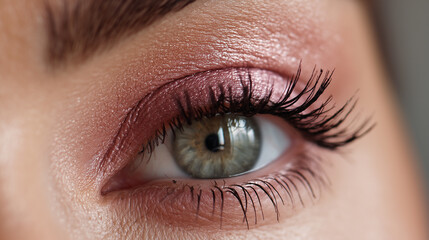 Fototapeta premium Close-up soft glam eye makeup, lavender pastel tones, subtle mascara tint, gentle shimmer under-eye blush, natural light,