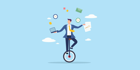 Businessman juggling tasks while riding a unicycle