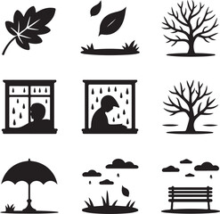 Rainy weather icons, autumn season, umbrella protection, park bench, bare tree, falling rain