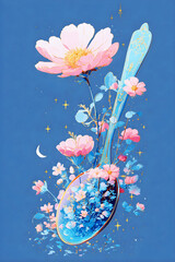 an ornate, blue and gold spoon overflowing with delicate pink flowers and foliage, set against a dark blue background with a crescent moon and shimmering stars, creating a magical, dreamlike scene