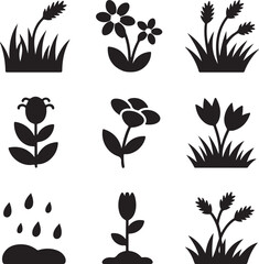 Flower icons, spring bloom, grass plant, tulip growth, rain drop, gardening nature