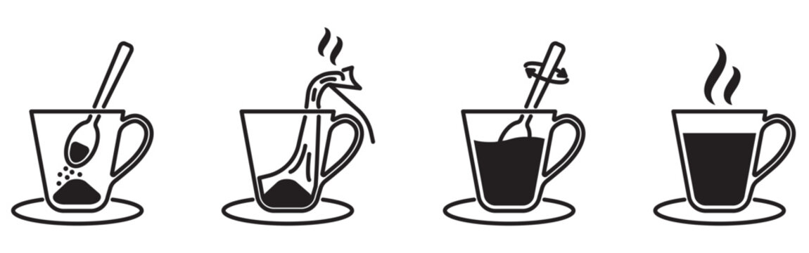 Basic steps to prepare a finished drink granulated coffee or tea. Instant coffee preparation instructions for packaging. Linear icons of kettle, cup and teaspoon isolated on transparent background.