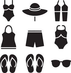 Summer icons, swimsuit bikini, sun hat, flip flops, sunglasses, beach shorts