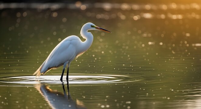 Great Egret Standing in Water with Reflections at Sunset.