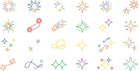 Collection of hand drawn sparkle and shine icons light effects with glittering stars fireworks and twinkles for decoration and design elements