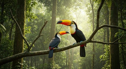 Obraz premium Two colorful toucans perched on a branch in a vibrant green forest