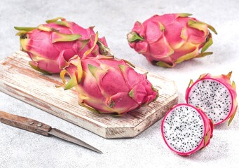 White dragon fruit or pitaya, pitahaya is a tropical fruit that has red skin and white flesh.