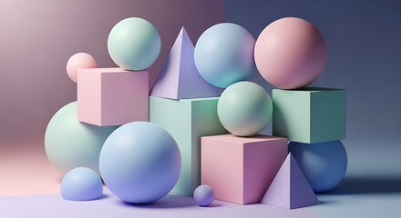 Pastel colored 3d geometric shapes composition on a soft gradient background.