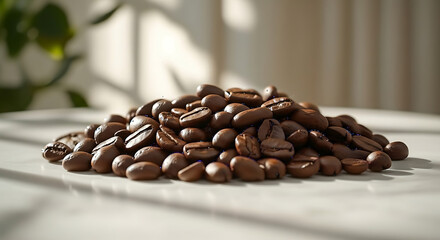 A pile of roasted coffee beans on a white surface with soft lighting and a blurred background scene visible