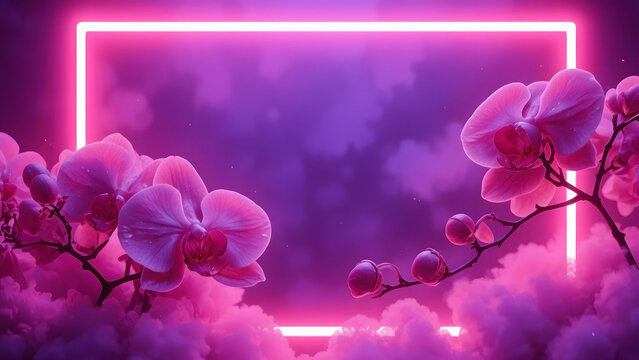 Pink orchid flowers with glowing neon frame and pink clouds on a purple background, vibrant aesthetic
