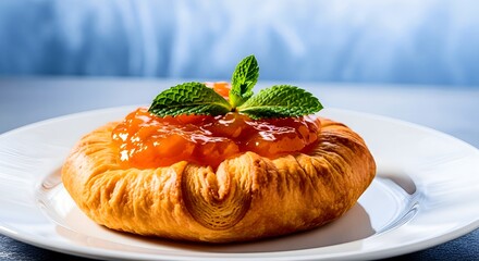 Delicious apricot pastry with fresh mint on a white plate tempts with its golden crust and sweet filling, perfect for breakfast or a delightful treat